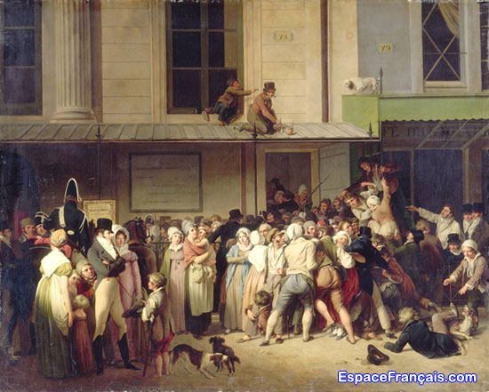 L'entrée du théâtre de l'Ambigu-Comique à une représentation gratis (1819) par Louis Léopold Boilly (1761-1845). Certains théâtres ouvraient gratuitement leurs portes au petit peuple. Le peintre représente alors la bousculade devant la porte où les gens se battent pour y entrer. L'entrée du théâtre de l'Ambigu-Comique à une représentation gratis (1819) par Louis Léopold Boilly (1761-1845). Certains théâtres ouvraient gratuitement leurs portes au petit peuple. Le peintre représente alors la bousculade devant la porte où les gens se battent pour y entrer.