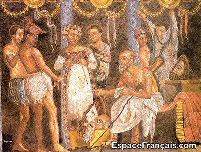 Des acteurs romains jouant en troupe. Musée archéologique de Naples. Des acteurs romains jouant en troupe. Musée archéologique de Naples.
