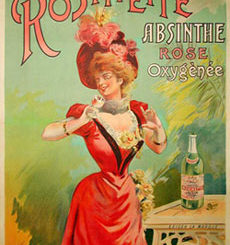 Une affiche lithographique de Jules Cheret pour la Rosinette, une Absinthe Rose Oxygénée.
