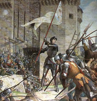 Jeanne d'Arc lors du siège d'Orléans. Partie d'une peinture murale de Jules-Eugène Lenepveu au Panthéon, 1886-1890.