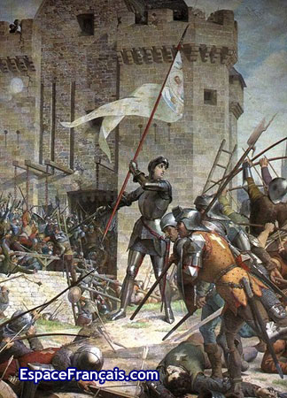 Jeanne d'Arc lors du siège d'Orléans. Partie d'une peinture murale de Jules-Eugène Lenepveu au Panthéon, 1886-1890. Jeanne d'Arc lors du siège d'Orléans. Partie d'une peinture murale de Jules-Eugène Lenepveu au Panthéon, 1886-1890.