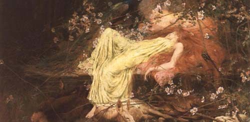 A Fairy Tale d'Arthur Wardle (1864-1949). Huile sur toile 115 x 165 cm. « Tout semblait dormir, le lièvre timide sur le formulaire » - Exposée à l'Académie royale, 1895 (n° 222).