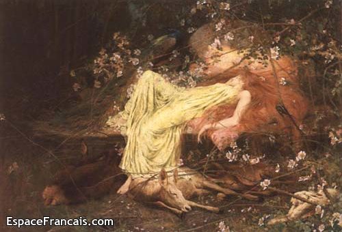 A Fairy Tale d'Arthur Wardle (1864-1949). Huile sur toile 115 x 165 cm. « Tout semblait dormir, le lièvre timide sur le formulaire » - Exposée à l'Académie royale, 1895 (n° 222).