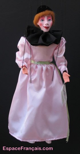 Théâtre de marionnettes en Italie dit Fantoccini ; de l'italien fantoccino (« marionnette »), au pluriel fantoccini, diminutif de fante (« jeune garçon, serviteur »), aphérèse de infante. Colombine, marionnette à fils fabriquée à la main et réalisée par Marionnettes de France (membre des Ateliers d'art de France) du XIIIe siècle.