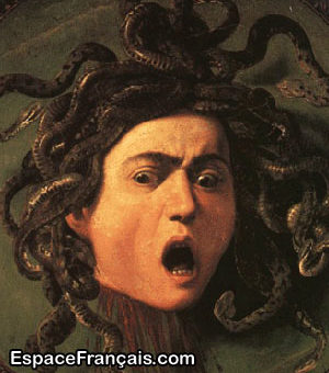 Tête de Méduse (détail) par le Caravage, huile sur cuir marouflé monté sur bois, v. 1592–1600, galerie des Offices.