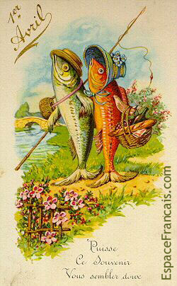 En France, au début du XXe siècle, on s'envoyait de jolies cartes postales toutes ornées 'd'un poisson d'avril et richement décorées. En France, au début du XXe siècle, on s'envoyait de jolies cartes postales toutes ornées 'd'un poisson d'avril et richement décorées.<br /> « Puisse ce souvenir vous sembler doux. »