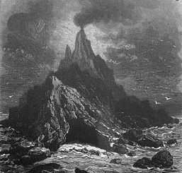 [Frontispice : Vue de l'île mystérieuse depuis les récits. Porte en bandeau. Illustration de L'Ile mystérieuse] L'île mystérieuse par Jules Verne; 154 dessins par P. Férat.