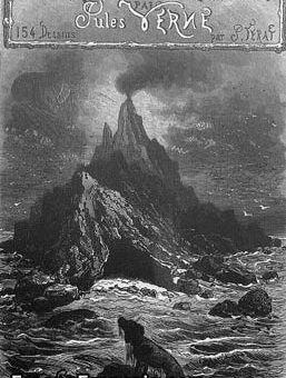 [Frontispice : Vue de l'île mystérieuse depuis les récits. Porte en bandeau. Illustration de L'Ile mystérieuse] L'île mystérieuse par Jules Verne; 154 dessins par P. Férat.