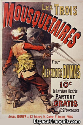 Affiche du roman Les Trois mousquetaires d'Alexandre Dumas. Date d'édition : 1887. Ilustrateur : Jules Chéret.