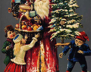 Le Père Noël distribue des cadeaux aux enfants. Ancienne carte postale (vers 1950).