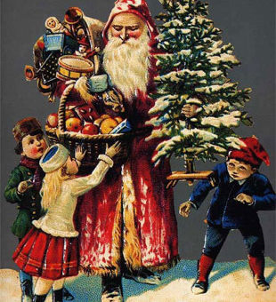 Le Père Noël distribue des cadeaux aux enfants. Ancienne carte postale (vers 1950).