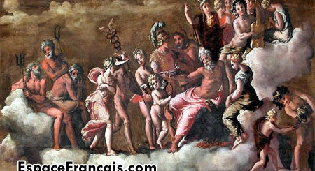 Psyché, accompagnée d'Hermès, reçue par tous les dieux de l'Olympe. Un tableau de Carravagio - Musée du Louvre.