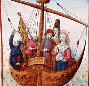 Tristan et Yseult s'embarquent, enluminure du XVe siècle extraite du Roman de Tristan. Musée Condé, Chantilly.