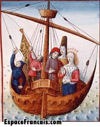 Tristan et Yseult s'embarquent, enluminure du XVe siècle extraite du Roman de Tristan. Musée Condé, Chantilly.