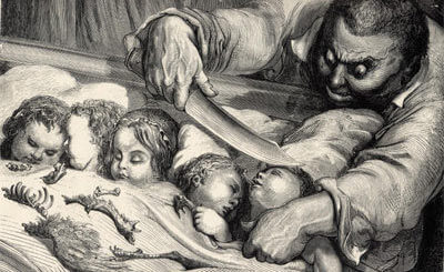 L'ogre du Petit Poucet s'apprêtant à égorger ses propres filles. Illustration de Gustave Doré, vers 1862.