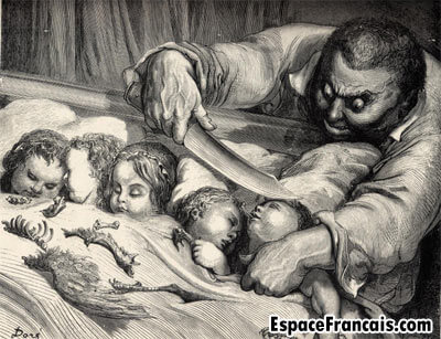 L'ogre du Petit Poucet s'apprêtant à égorger ses propres filles. Illustration de Gustave Doré, 1867.
