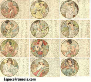 Série d'anciennes cartes postales des 12 mois de l'année par Alphonse Mucha (1860-1939).