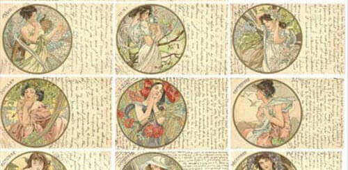 Série d'anciennes cartes postales des 12 mois de l'année par Alphonse Mucha (1860-1939).