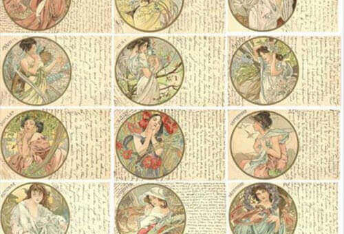 Série d'anciennes cartes postales des 12 mois de l'année par Alphonse Mucha (1860-1939).