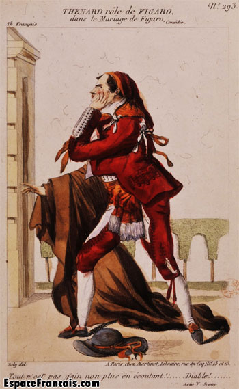 Auguste-Pierre-Louis Chevalier-Perrin dit Thénard aîné dans le rôle de Figaro dans Le Mariage de Figaro de Beaumarchais. Dessiné par Joly en 1807. Auguste-Pierre-Louis Chevalier-Perrin dit Thénard aîné dans le rôle de Figaro dans Le Mariage de Figaro de Beaumarchais. Dessiné par Joly en 1807.