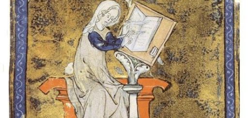 Enluminure représentant Marie de France écrivant son ysopet et réalisée par « Le Maître de Papeleu » vers 1290.