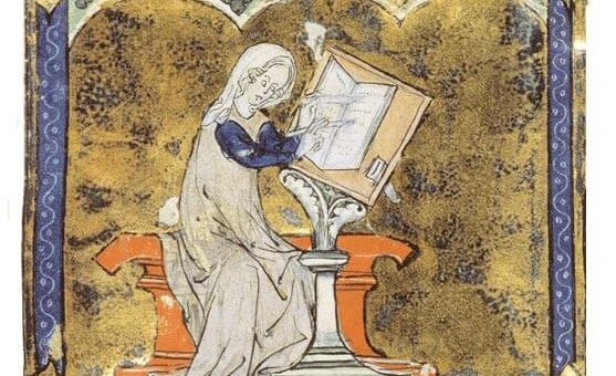 Enluminure représentant Marie de France écrivant son ysopet et réalisée par « Le Maître de Papeleu » vers 1290.