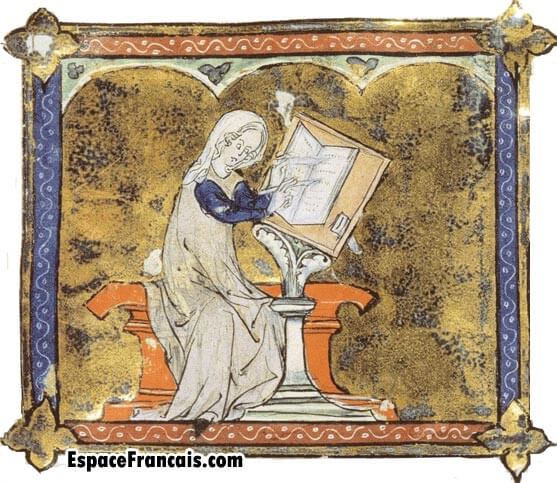 Enluminure représentant Marie de France écrivant son ysopet et réalisée par « Le Maître de Papeleu » vers 1290. Enluminure représentant Marie de France écrivant son ysopet et réalisée par « Le Maître de Papeleu » vers 1290.