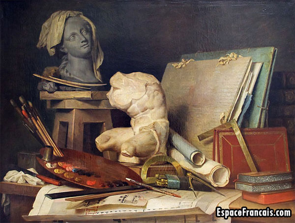 Les Attributs de la peinture, de la sculpture et de l'architecture (1769) par Anne Vallayer-Coster, musée du Louvre. Les Attributs de la peinture, de la sculpture et de l’architecture par Anne Vallayer-Coster, musée du Louvre.