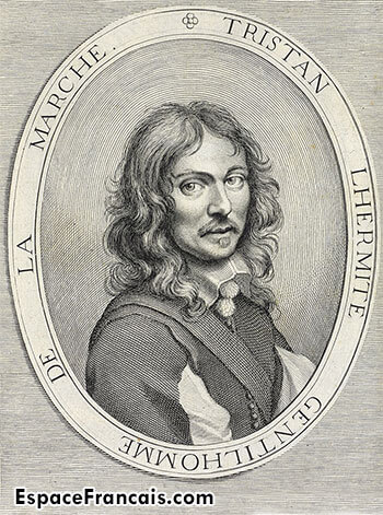 Tristan L'Hermite en 1648, portrait gravé par Pierre Daret pour l'édition originale des Vers héroïques.