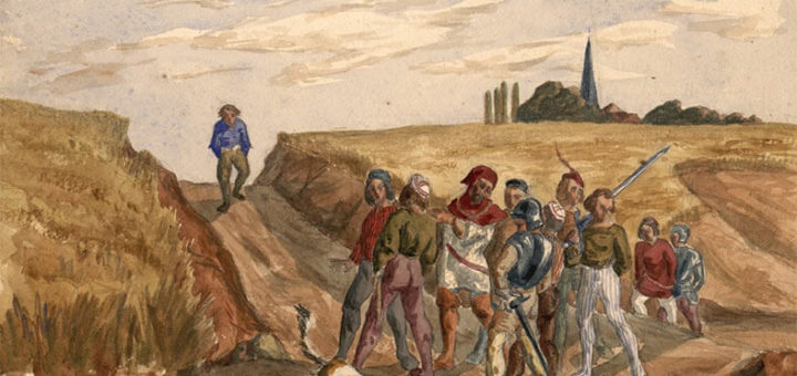 Illustration de Maurice Sand pour une édition de François Rabelais. Livre II, chap. IX. "Comment Pantagruel trouva Panurge, lequel il ayma toute sa vie"