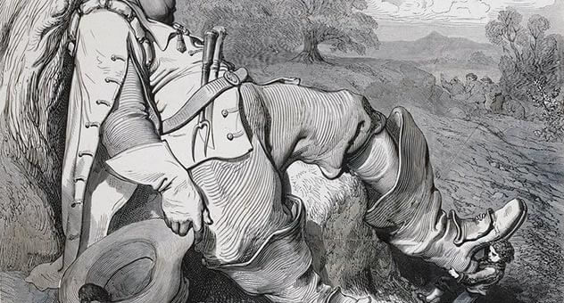 Estampe (1862) de Gustave Doré - Le Petit Poucet, s'étant approché de l'ogre, lui tira doucement ses bottes.