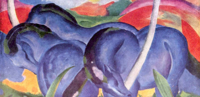 Les Grands chevaux bleus (1911) de Franz Marc est représentatif du genre expressionniste en peinture.