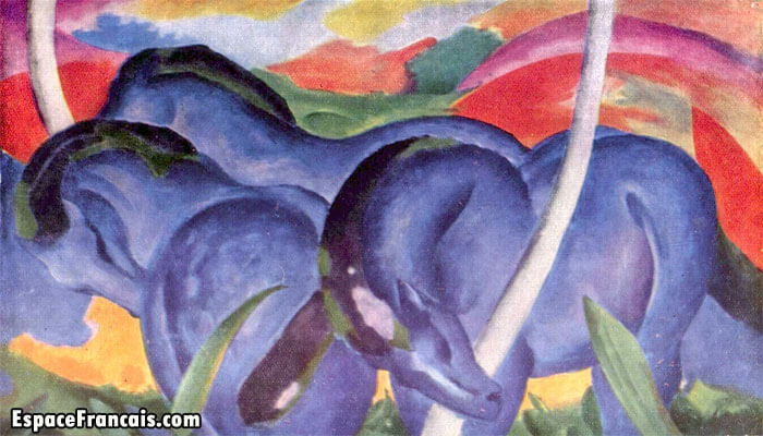 Les Grands chevaux bleus (1911) de Franz Marc est représentatif du genre expressionniste en peinture.