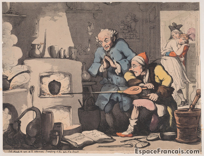 Hocus pocus, ou la recherche de la pierre philosophale, par Thomas Rowlandson (1800), Metropolitan Museum of Art. Hocus pocus, ou la recherche de la pierre philosophale, par Thomas Rowlandson (1800), Metropolitan Museum of Art.